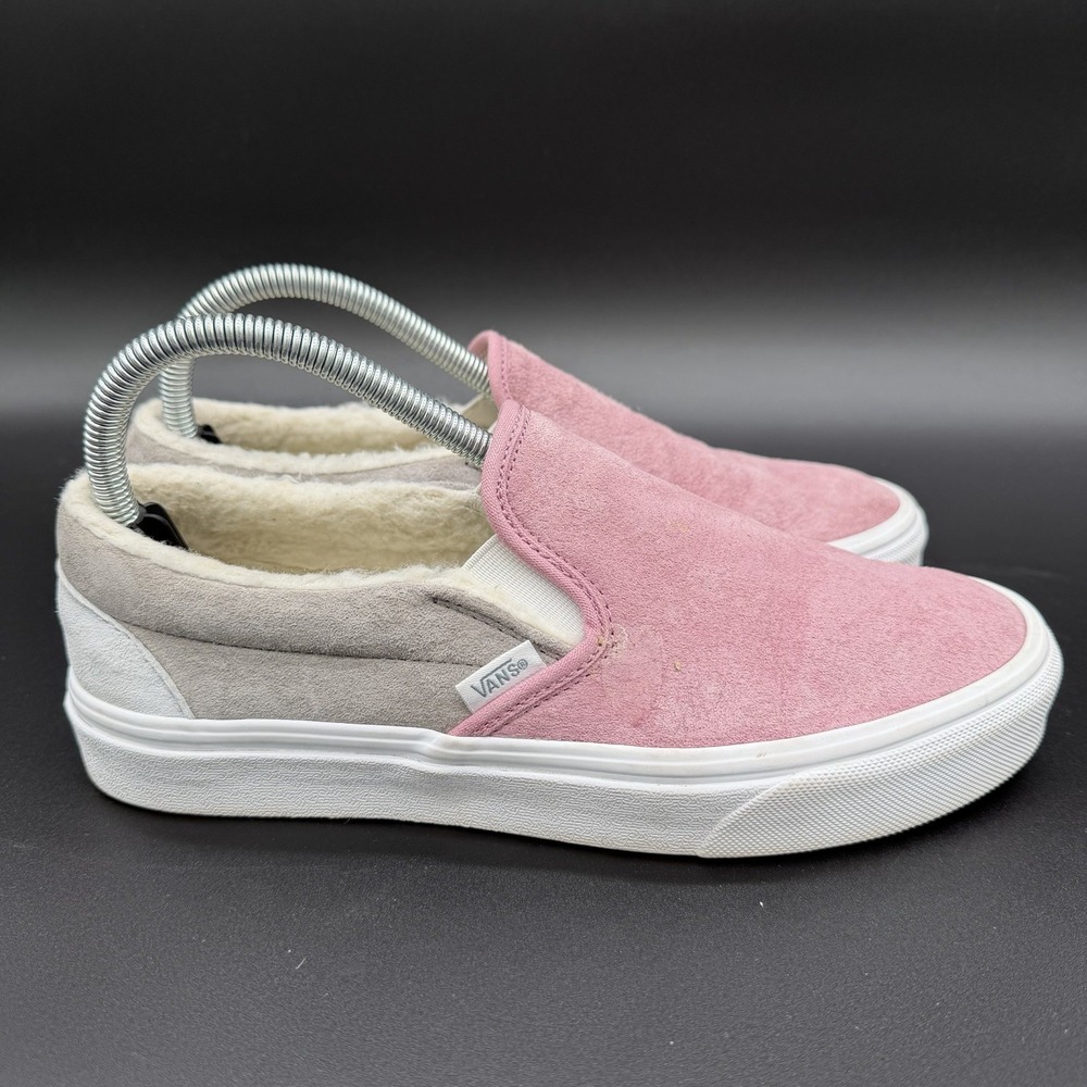 Vans Unisex Pig Suede Shearling Slip On Pink Grey Sneakers Size US W 8.5 M 7